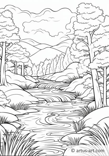 Pagină de colorat cu o scenă liniștită de pe râu
